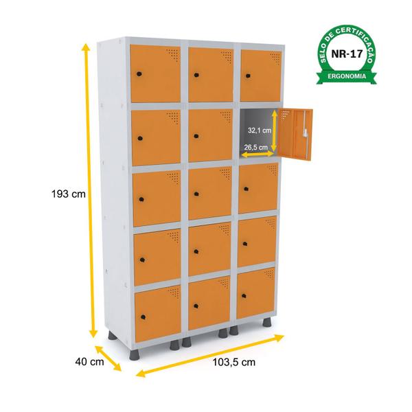Roupeiro de aço 3m 15 portas pitão pandin - cinza/laranja Imagem de Roupeiro de aço 3m 15 portas pitão pandin - cinza/laranja
