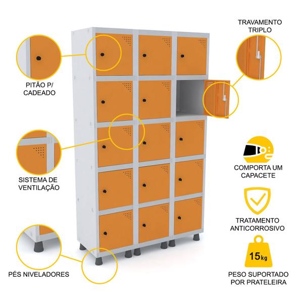 Roupeiro de aço 3m 15 portas pitão pandin - cinza/laranja Imagem de Roupeiro de aço 3m 15 portas pitão pandin - cinza/laranja