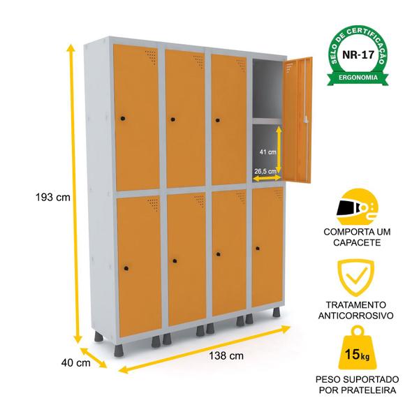Imagem de Roupeiro de aço 4m 08 portas c/ prat. pitão pandin - cinza/laranja