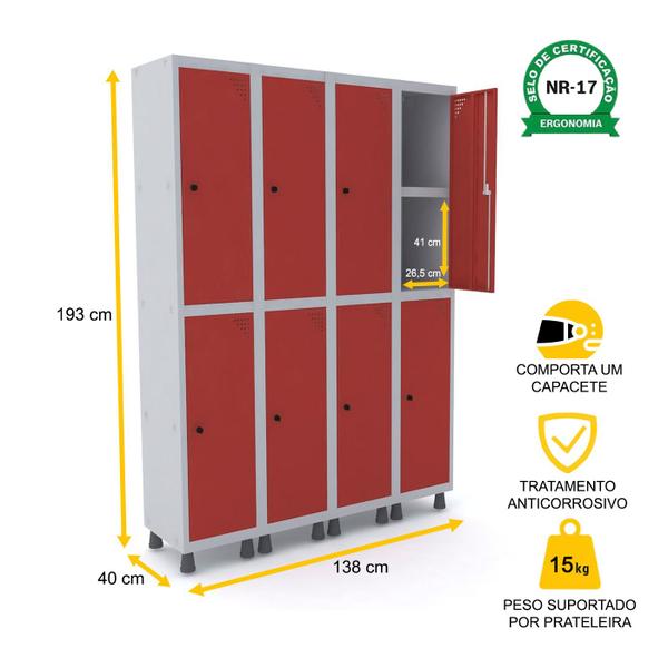 Imagem de Roupeiro de aço 4m 08 portas c/ prat. pitão pandin - cinza/vermelho