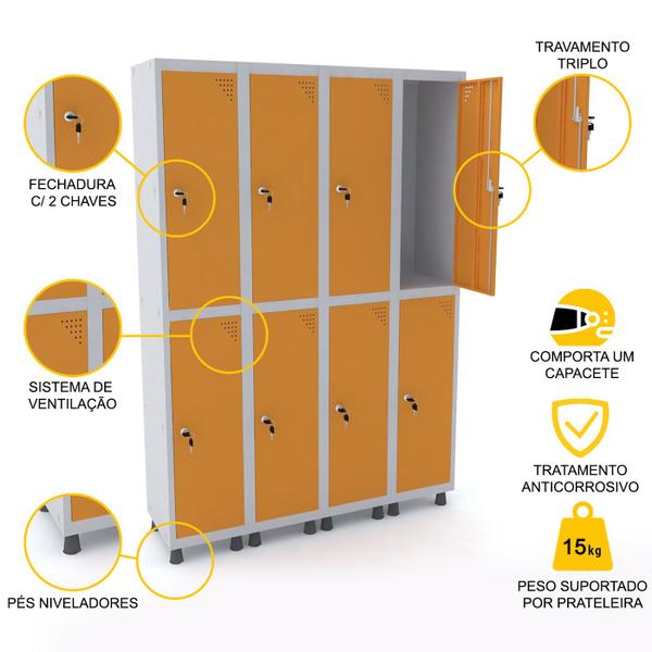 Imagem de Roupeiro de aço 4m 08 portas fechadura pandin - cinza/laranja