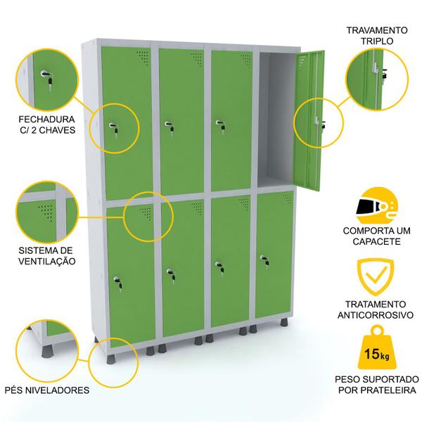 Imagem de Roupeiro de aço 4m 08 portas fechadura pandin - cinza/verde