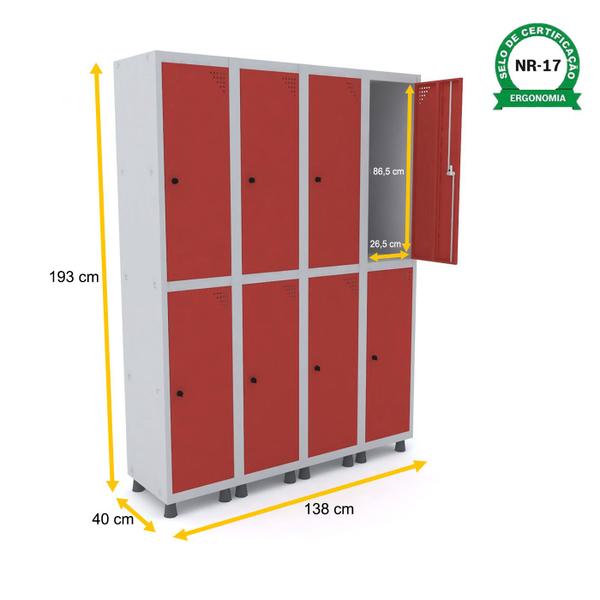 Imagem de Roupeiro de aço 4m 08 portas pitão pandin - cinza/vermelho