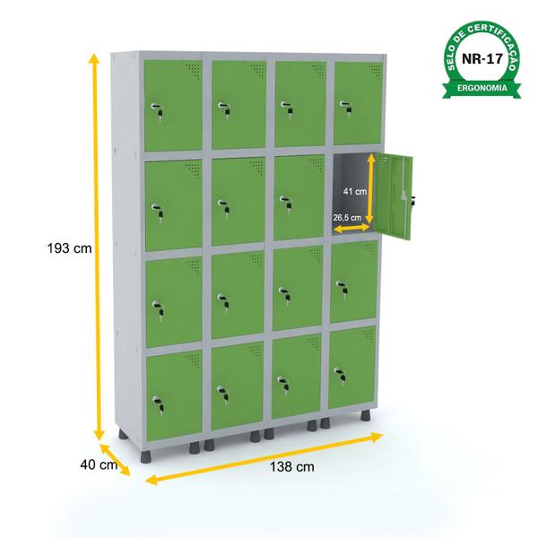 Imagem de Roupeiro de aço 4m 16 portas fechadura pandin - cinza/verde