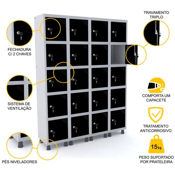 Imagem de Roupeiro de aço 4m 20 portas fechadura pandin - cinza/preto