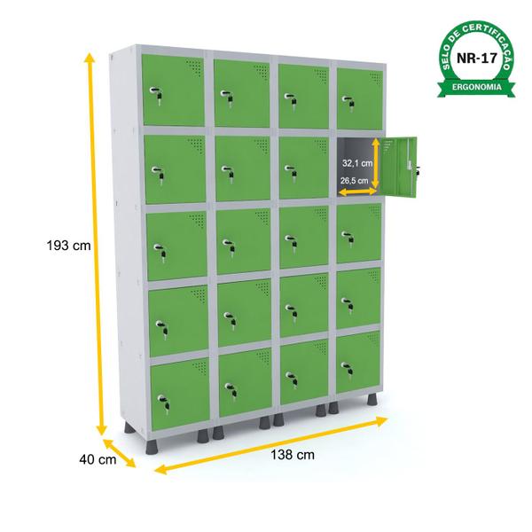 Imagem de Roupeiro de aço 4m 20 portas fechadura pandin - cinza/verde