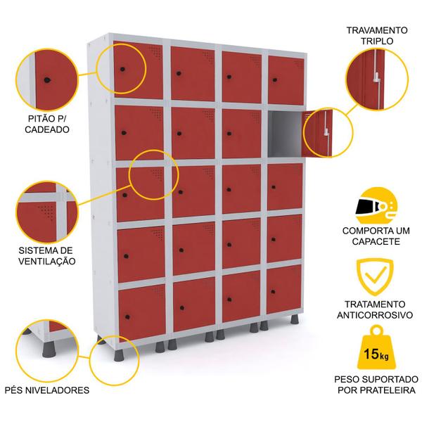 Imagem de Roupeiro de aço 4m 20 portas pitão pandin - cinza/vermelho