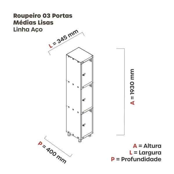 Imagem de Roupeiro em Aço Mt 1v 3 Portas - Fechadura