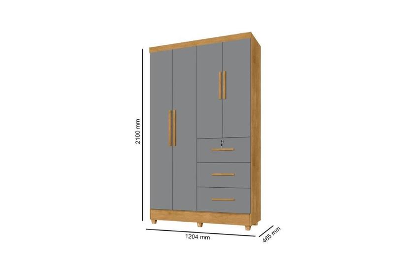 Imagem de Roupeiro / Guarda Roupas / Armário TOK 1.20m 4 Portas Puxadores Cromados 3 Gavetas sendo 1 com Chave Cor Nature/Cinza