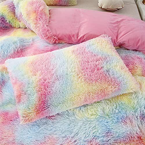 Imagem de RYNGHIPY 3Pcs Ultra Soft Long Hair Plush Shaggy Duvet Cover com fronhas, colorido Tie Dye Fluffy Velvet Bedding Set com fechamento de zíper escondido (rosa colorido, cheio / rainha)