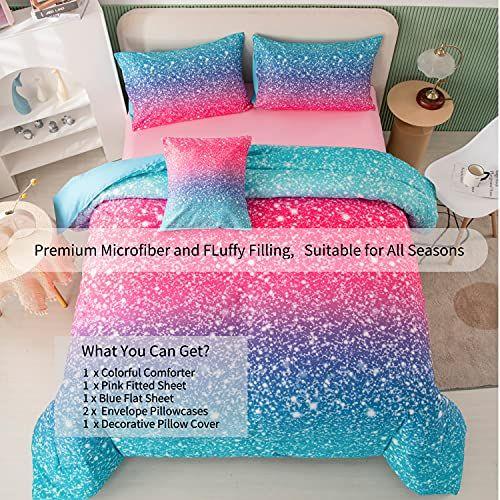 Imagem de RYNGHIPY 6Pcs 3D Glitter Edredom Conjuntos de Cama para Crianças Adolescentes Meninas Mulheres, Turquesa Azul Rosa Arco-Íris Quilt Set Queen Size, Ultra Soft Cama Reversível em um saco