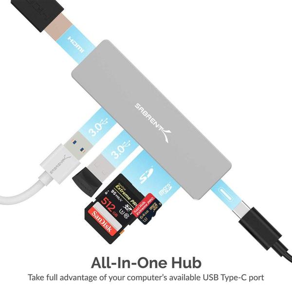SABRENT 5 em 1 USB C Multi-Port HUB para Windows & Mac OS SD & Micro SD Card-Reader Porta HDMI 2.0 - Até 4K @30Hz 2 x portas USB 3.0 (HB-HUCR) Imagem de SABRENT 5 em 1 USB C Multi-Port HUB para Windows & Mac OS SD & Micro SD Card-Reader Porta HDMI 2.0 - Até 4K @30Hz 2 x portas USB 3.0 (HB-HUCR)