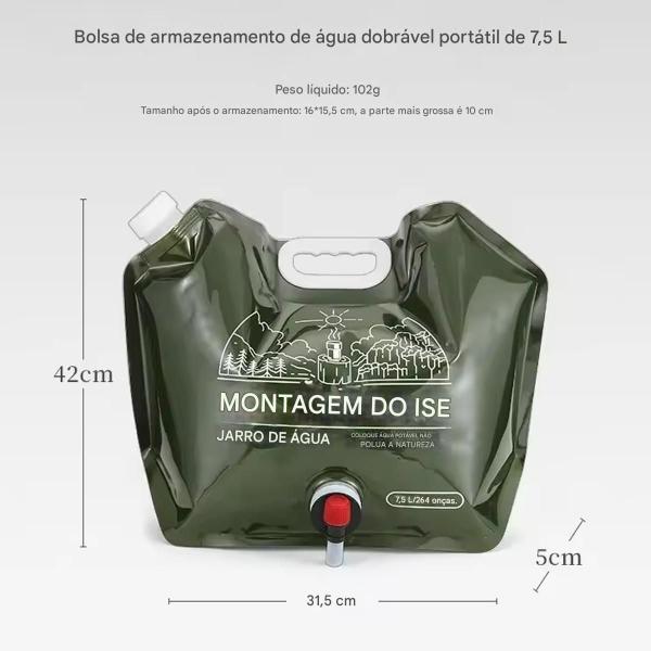Saco de Água Dobrável Gold Sports Com Torneira 7.5 a 8 Litros Para Acampamento Imagem de Saco de Água Dobrável Gold Sports Com Torneira 7.5 a 8 Litros Para Acampamento