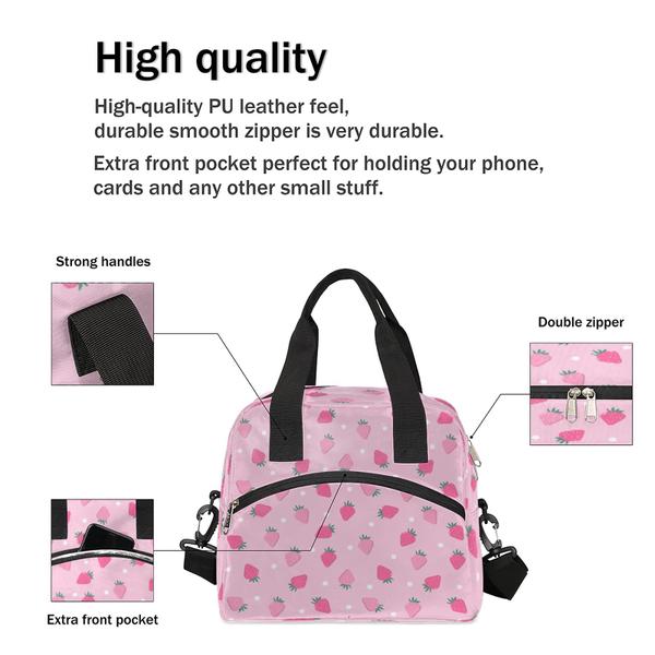 Imagem de Saco de almoço isolado para meninas meninas adolescentes rosa fruta morango caixa de almoço reutilizável vazamento refeição preparatória saco de almoço cooler tote bag com alça de ombro removível ajustável para a escola de trabalho piquenique de