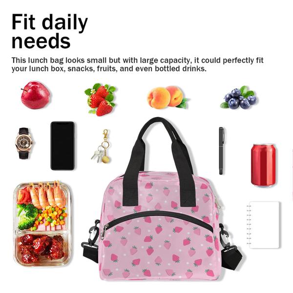 Imagem de Saco de almoço isolado para meninas meninas adolescentes rosa fruta morango caixa de almoço reutilizável vazamento refeição preparatória saco de almoço cooler tote bag com alça de ombro removível ajustável para a escola de trabalho piquenique de