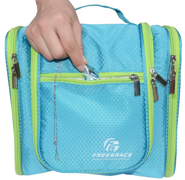 Saco de Higiene Pessoal Suspenso Capacidade Extra Grande Bolsas Premium Travel Organizer para homens e mulheres Casa de banho de nylon impermeável durável, chuveiro, saco de maquilhagem para produtos de higiene pessoal, cosméticos, escovas (Aquamar - Freegrace Imagem de Saco de Higiene Pessoal Suspenso Capacidade Extra Grande Bolsas Premium Travel Organizer para homens e mulheres Casa de banho de nylon impermeável durável, chuveiro, saco de maquilhagem para produtos de higiene pessoal, cosméticos, escovas (Aquamar