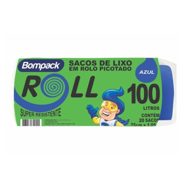 Imagem de Saco de Lixo em Rolo Picotado 100 Litros Bompack Azul com 20 Unidades