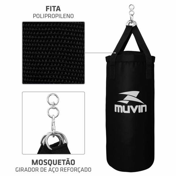 Imagem de Saco de Pancada Vazio Muvin  Tamanho 70cm x 30cm  Com Mosquetão e Girador  Lutas Treino Boxe