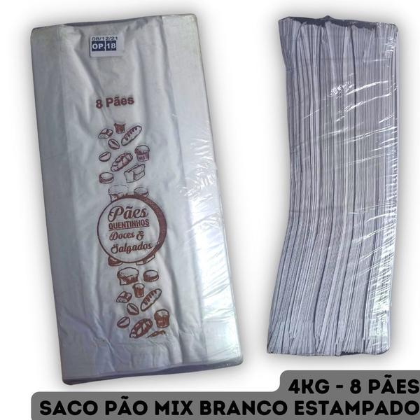 Imagem de Saco de Papel Kraft Branco Pão Mix Estampado "Pães Quentinhos Doces e Salgados" - 4kg 8 Pães - 500 Unidades