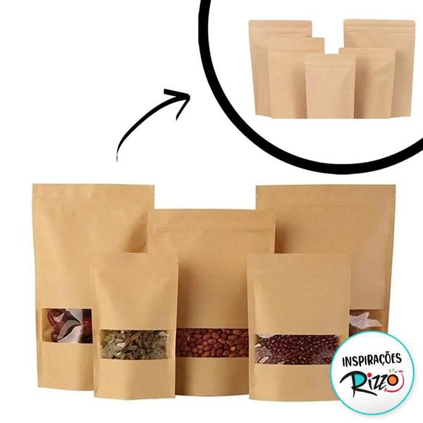 Imagem de Saco de Papel Kraft com Visor Stand Up Pouch Zip 12x20cm - 50 un - Hermético Fosco p Fora Impermeável p dentro - Rizzo