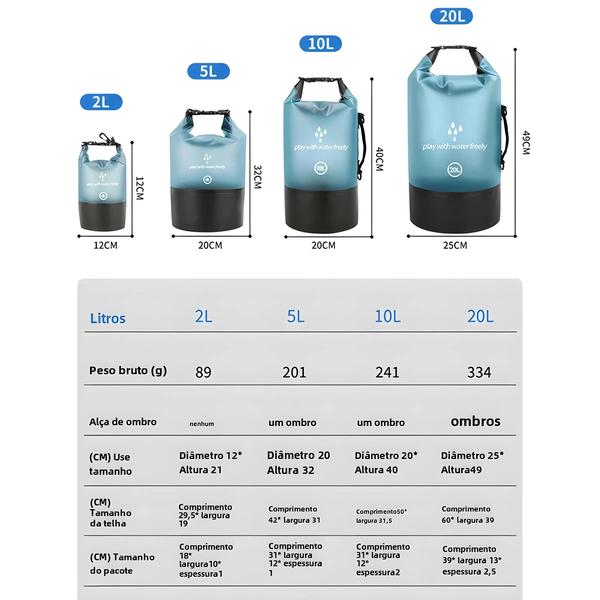 Imagem de Saco Seco à Prova d'Água de PVC para Mergulho, Rafting, Praia e Natação - 2L, 5L, 10L e 20L