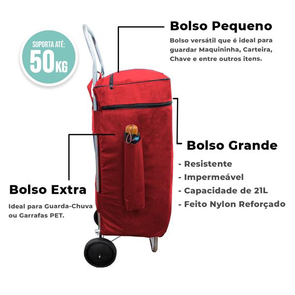 Imagem de Sacola Carrinho De Compras Transporte Reforçada Com Bolsos Vermelho