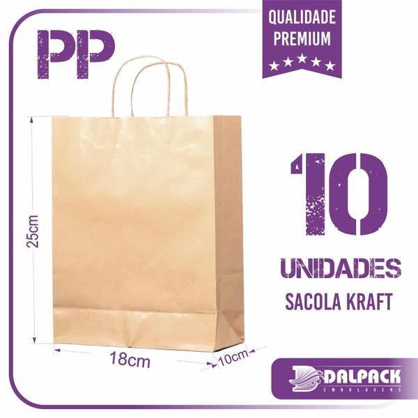 Imagem de Sacola de Papel Kraft - 10 Unidades - PP (18x10x25) - Lisa Sem Impressão