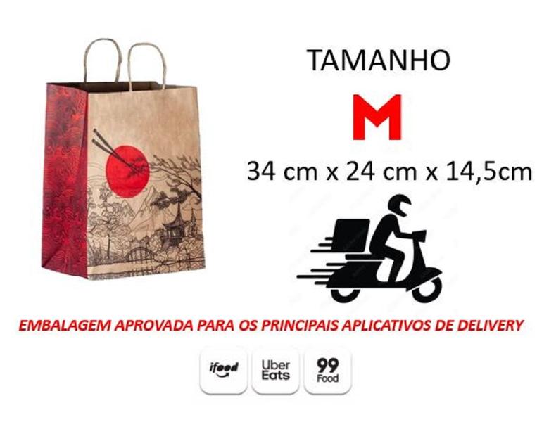 Imagem de Sacola De Papel Kraft Pardo com Desenho Oriental - Tamanho  M 24x34x14,5 Cm Para Delivery Food Presente Entrega - Opções