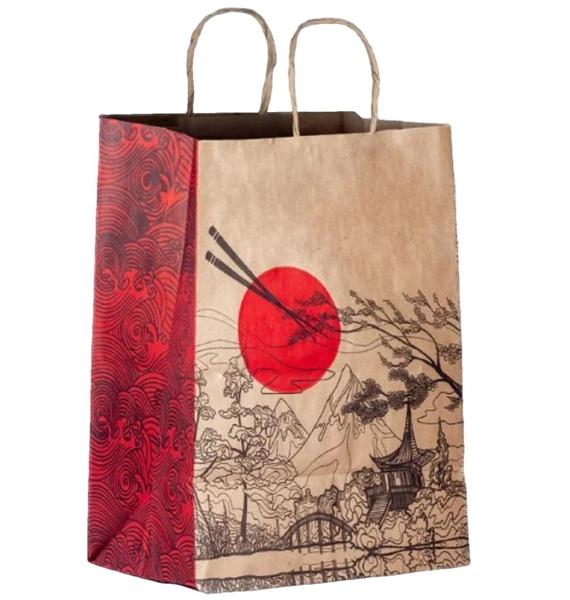 Imagem de Sacola De Papel Kraft Pardo com Desenho Oriental - Tamanho  M 24x34x14,5 Cm Para Delivery Food Presente Entrega - Opções