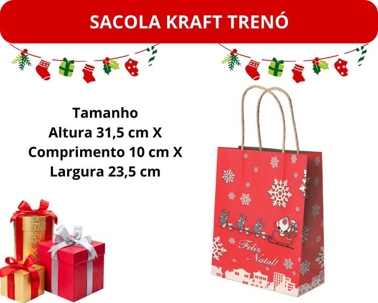 Imagem de Sacola Natalina Kraft Trenó Natal 23,5x10x31,5 - 10 Unidades