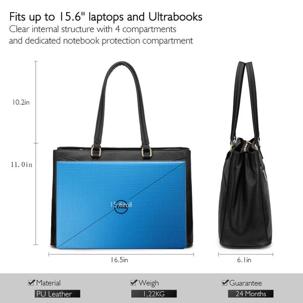 Imagem de Sacola para laptop LOVEVOOK de couro impermeável 15,6" preta feminina