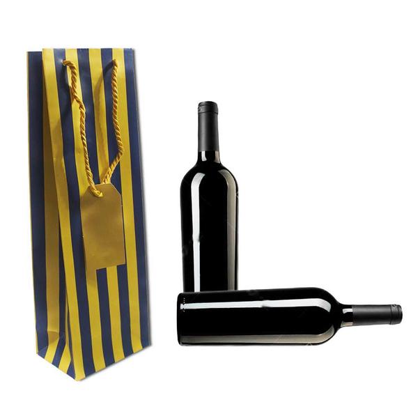 Imagem de Sacolas Para Presente Garrafa de Vinho Premium Listras Marinho c/ Ouro Tam 35x11x8cm Pacote com 10 unidades