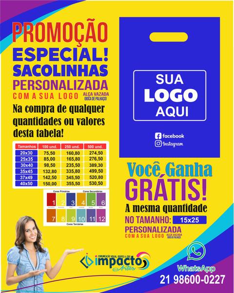 Imagem de Sacolas Plásticas Personalizadas Alça Vazada(Boca de Palhaço) 30x40 100 unid. Personalizada uma cor