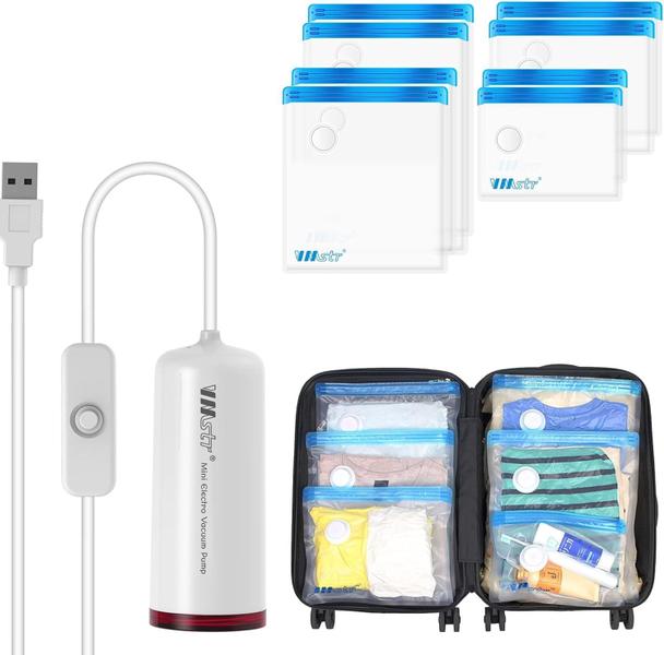 Imagem de Sacos a vácuo p/ economizar espaço c/ bomba elétrica USB - Kit viagem e filamento 3D (8PCS)