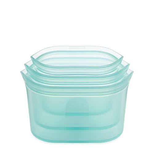 Imagem de Sacos de armazenamento de alimentos reutilizáveis zip top  3 Conjunto de pratos Teal  Recipiente de preparação de farinha de silicone  Micro-ondas, lava-louças e  de segurança do congelador Fabricado nos EUA