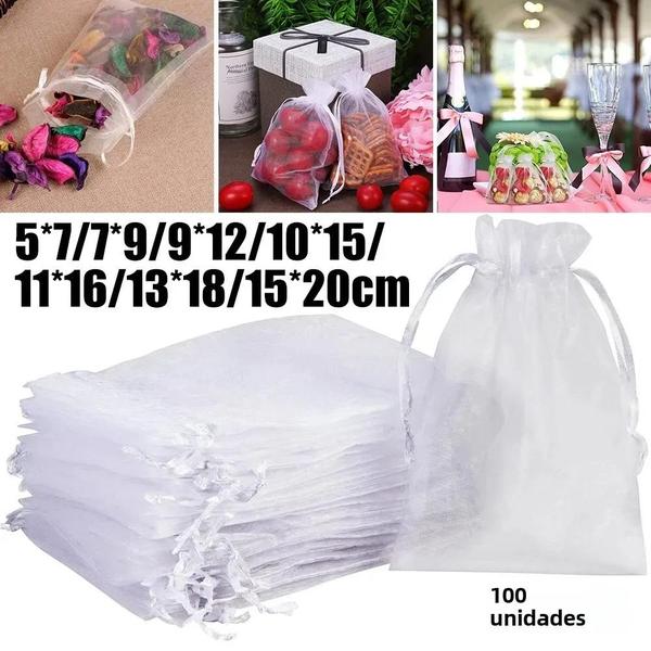 Imagem de Sacos de Presente de Organza Branca (100 Peças) - Bolsas com Cordão para Joias, Casamento e Doces