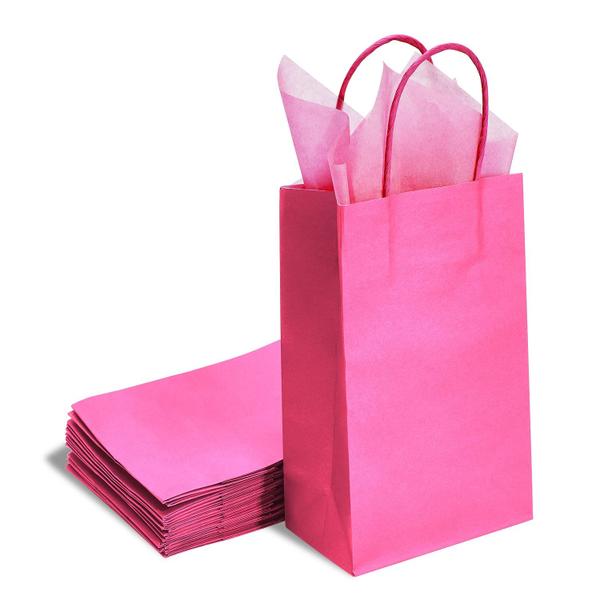 Imagem de Sacos de presente DjinnGlory Hot Pink Paper com alças, pacote com 24