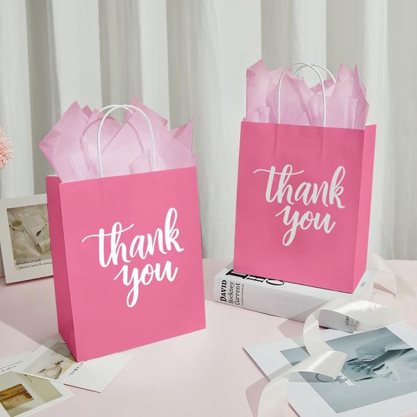 Imagem de Sacos de presente DjinnGlory Pink Thank You com alças 25x20x10cm 50 unidades