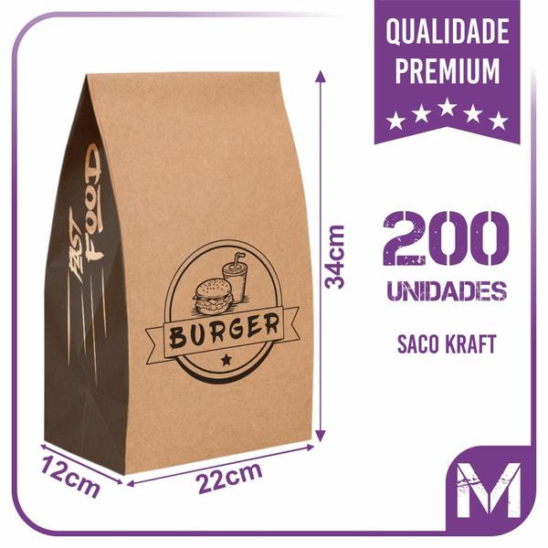 Imagem de Sacos Kraft Para Delivery - M (22x12x34) - 200 unidades - Modelo Burger