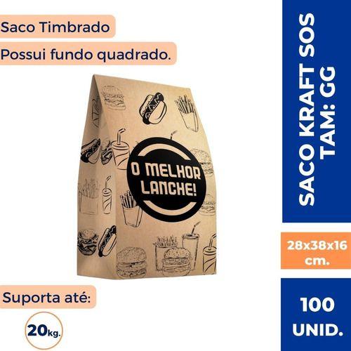 Imagem de Sacos Kraft SOS Timbrado GG 15Kg (24x12x36cm.) P/ Delivery Hamburguer Lanches C/ 100 Un.