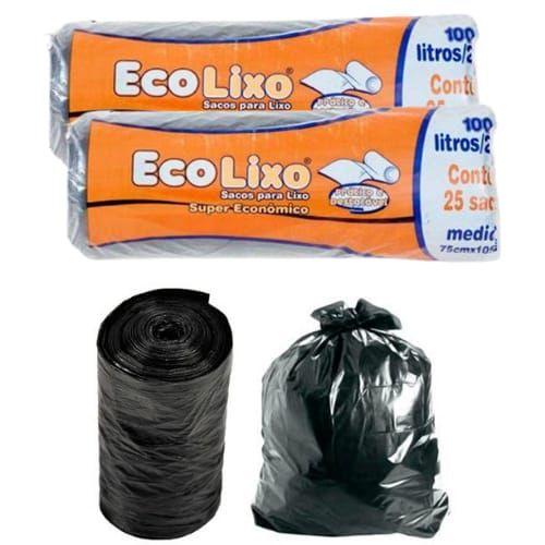 Imagem de Sacos p/ Lixo Preto 100L/20Kg Reforçado 2 Rolos c/ 25u