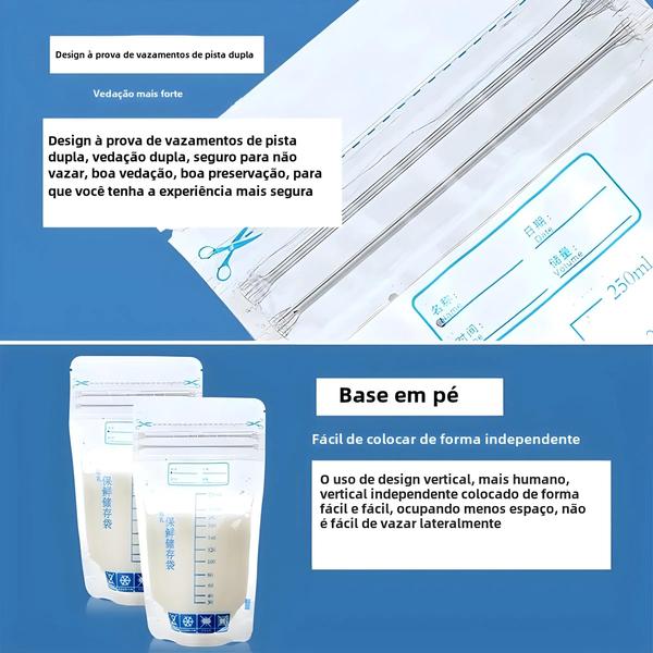 Sacos para Armazenamento de Leite Materno - 250ml, Sem BPA e à Prova de Vazamentos Imagem de Sacos para Armazenamento de Leite Materno - 250ml, Sem BPA e à Prova de Vazamentos