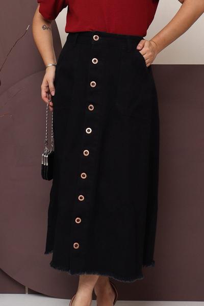 Saia Jeans Longa Preta Toda Lisa Com Botões e Bolsos Moda