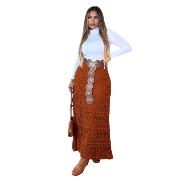 Saia Longa Boho Chic Moda Feminina Tricô Hippie Saia Feminina