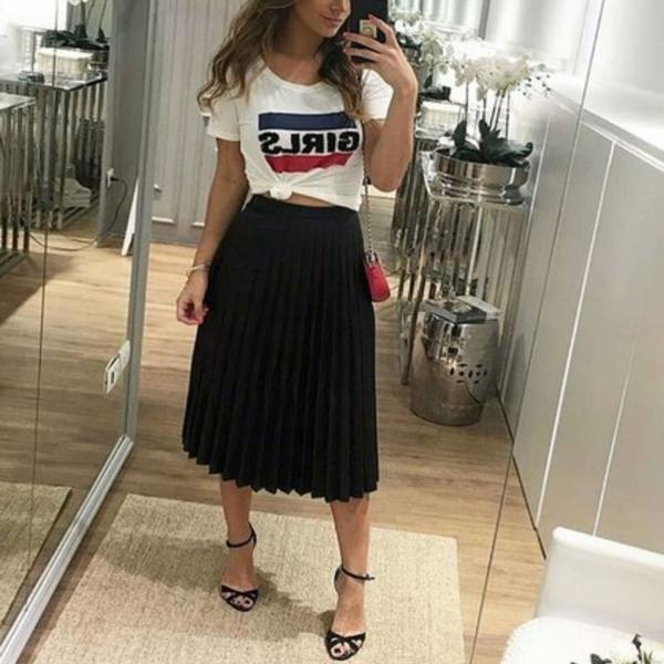 Saia Plissada Feminina Midi Moda Evangelica Com Forro Preta