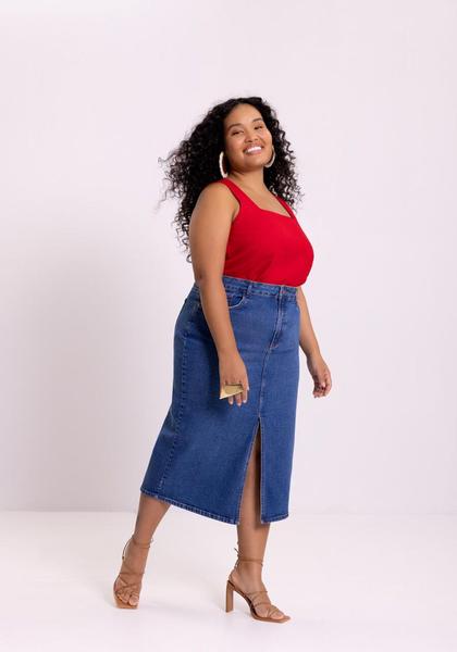 Saia Plus Size Jeans Midi Fenda Frontal LUNENDER 20029 - Calça