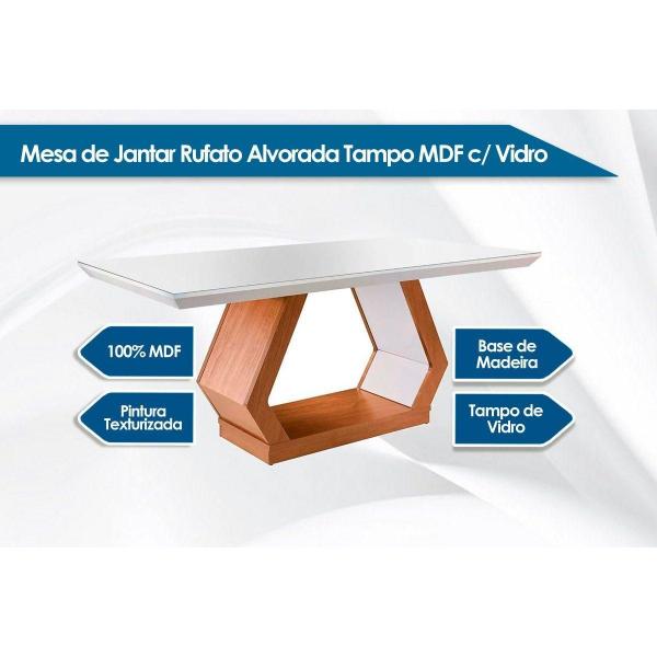 Imagem de Sala de Jantar Completa Alvorada c/ Tampo Madeirado c/ Vidro 180x90cm e 6 Cadeiras Dafne Imbuia/Suede Creme Pérola - Rufato