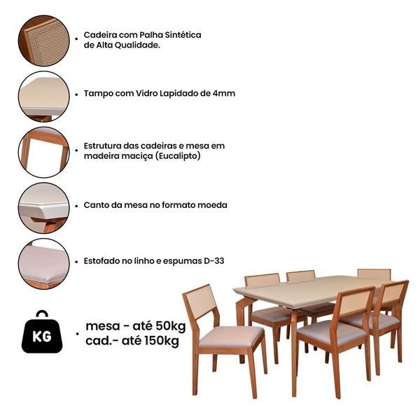 Imagem de Sala De Jantar Mesa Ester 180x90 Com Vidro Off White 6 Cadeiras Alice Tela Sintética Madeira Maciça Castanho