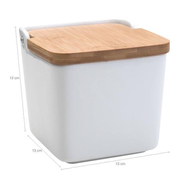 Imagem de Saleiro de Cerâmica com Tampa de Bambu Lyor Bianco 13cm para Cozinha Branco