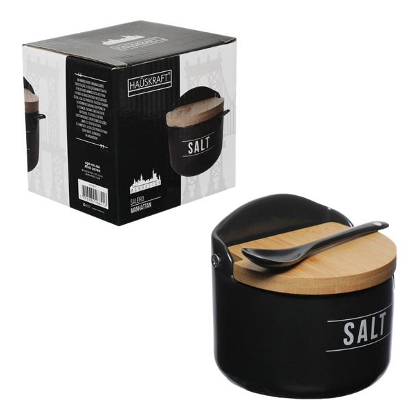 Imagem de Saleiro de Cozinha de Porcelana Manhattan Hauskraft 300ml Preto com Tampa Bambu e Colher